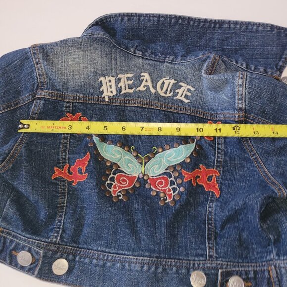 PEACE studded and embroidered cropped jean jacket by J2 Jean - Picture 9 of 9